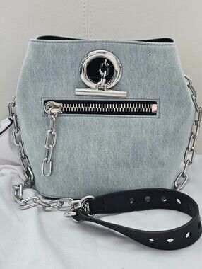 Alexander Wang Riot Denim Light Blue and Black Bucket Bag with Chain Strap